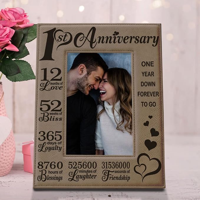 KATE POSH - Our First Anniversary Engraved Leather Picture Frame - Couple Gifts, Him & Her, Paper & First Wedding Anniversary Photo Gifts (5x7-Vertical)