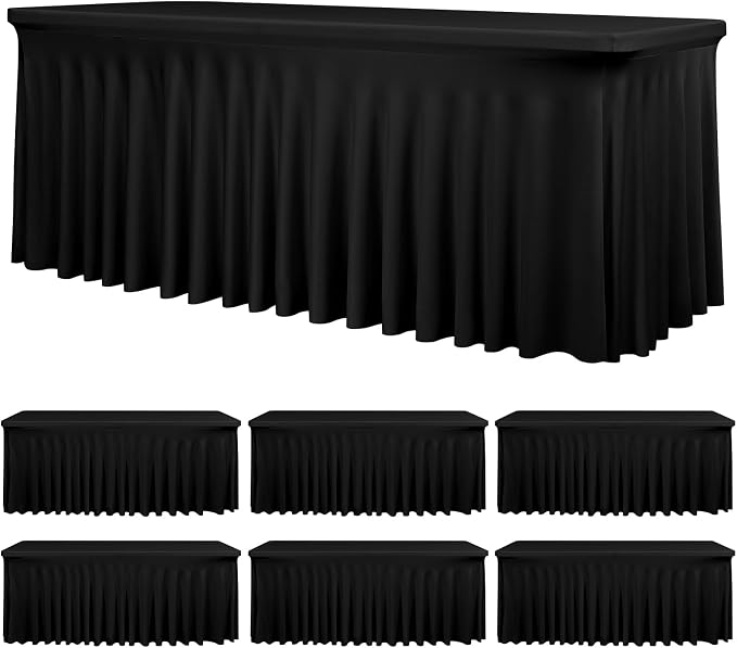 6 Packs Black Stretch Table Skirts for 6 Foot Rectangle Table, Washable Spandex Stretch Tablecloths with Skirt, Wrinkle Resistant Fitted Tablecover for Wedding Party Banquet