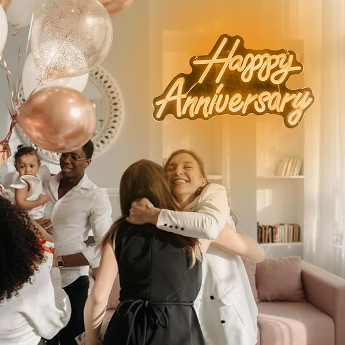 Happy Anniversary Neon Sign - Wedding Birthday Party Decoration Neon Light for Bedroom,Living,Home Bar Valentine's Day Anniversary Decor Gift (warm white)