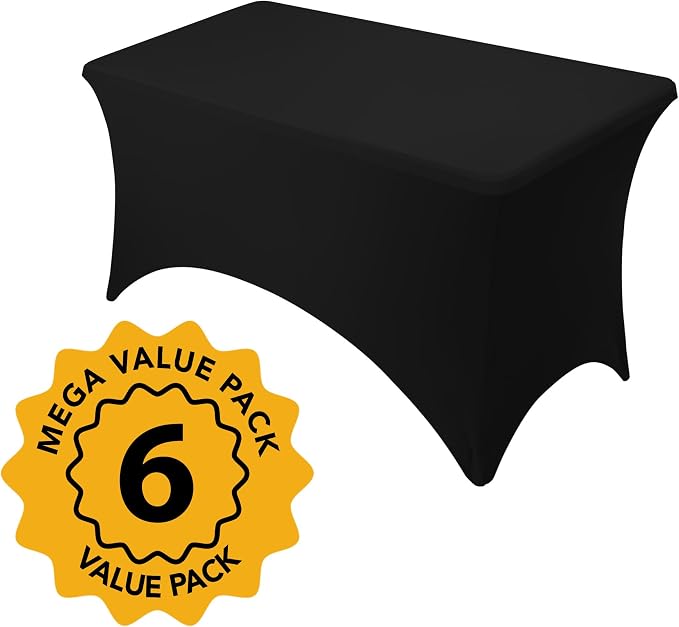 6-Pack Premium Black Spandex Tablecloths for 4ft Rectangle Tables, Stain & Wrinkle-Resistant, Washable Stretch Polyester Fitted Table Cover for Weddings, Banquets, Trade Shows Events