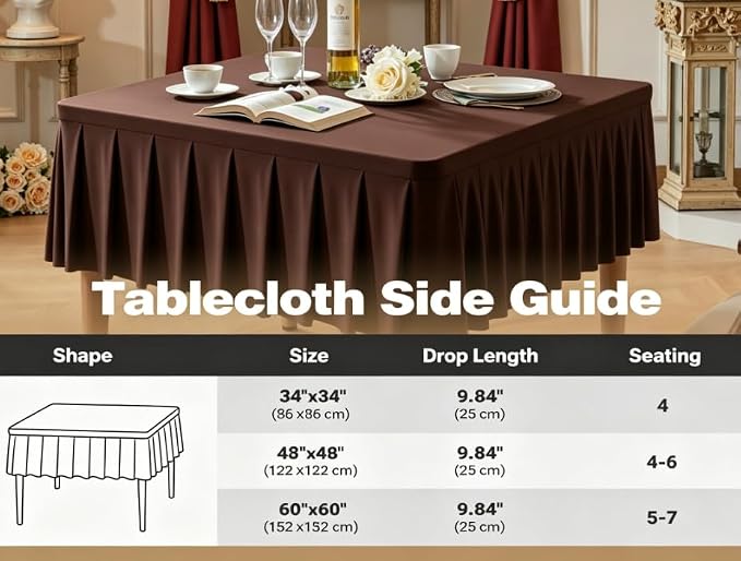 Shillance 48x48 Inch Chocolate Spandex Square Tablecloth, Wrinkle Free Chocolate Fitted Table Cloth for Square Tables,Washable Pleated Table Cover for Wedding Birthday Cocktail Party Buffet Dinner