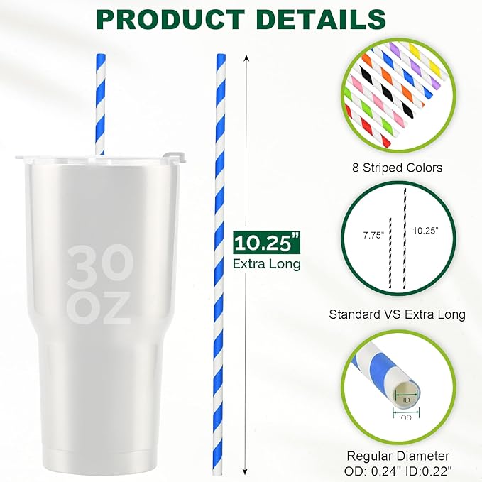 10 inch Long Disposable Paper Straws Bulk for Drinking - Unwrapped, 8 Assorted Colors [600 Counts]