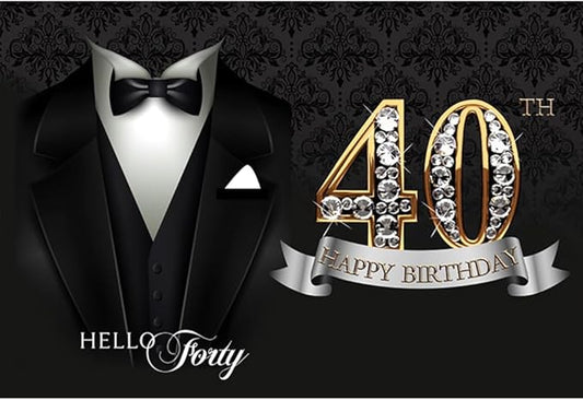 10x6.5ft Hello Forty Tuxedo Backdrop Gentleman Black Suit Necktie Tuxedo Black Gold 40th Happy Birthday Photography Background for Man 40th Birthday Party Decor Cake Table Banner Photo Props