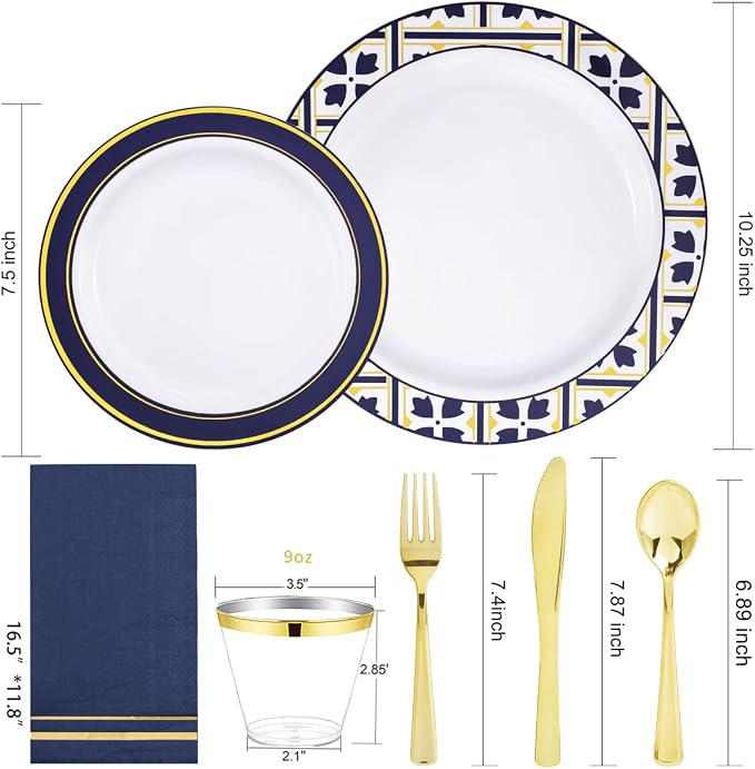 Nervure 175PCS Blue Plastic Plates - White Blue Gold Disposable Plates Include 25Dinner Plate, 25Dessert Plate, 25Cups, 25Forks, 25Knives, 25Spoons, 25Napkins for Wedding & Party