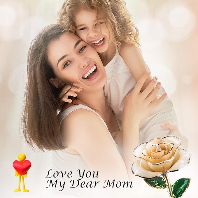Sinvitron Gold Dipped Infinity Rose Forever Flower Decor, Resin Preserved Real Rose Birthday Gift for Women, Anniversary Present for Mom (Ivory White)