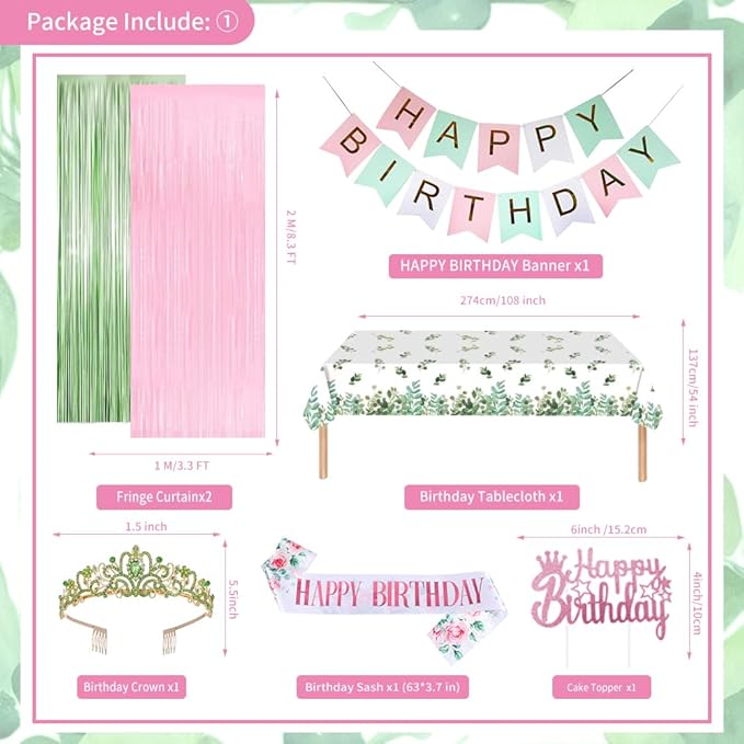 Pink and Sage Green Birthday Party Decorations with Happy Birthday Banner, Balloons, Sash, Crown, Butterfly, Hanging Swirls, Tablecloth, Fringe Curtain, Pompoms for Women Girls Princess Party Supplies