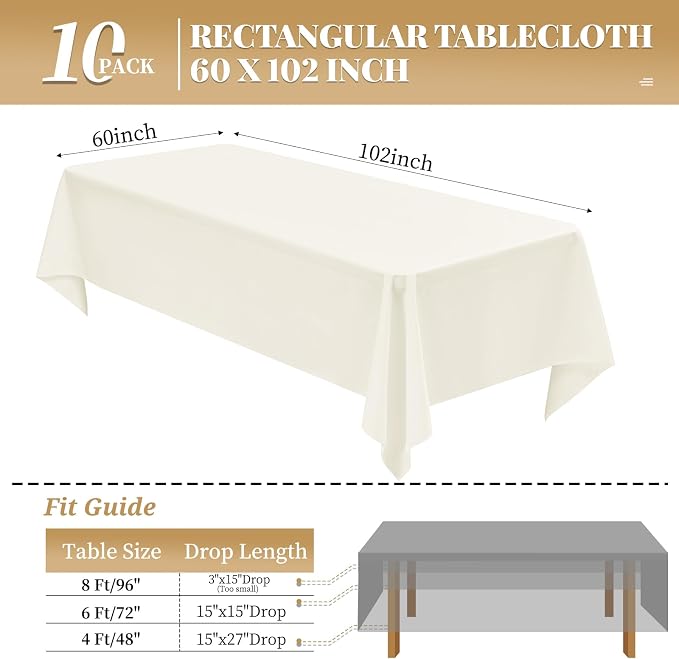 10 Pack Ivory Tablecloth 60 x 102 Inch Tablecloths for 6 Foot Rectangle Tables Ivory Table Cloth Washable Polyester Fabric Table Cloths for Parties Wedding Banquet Christmas