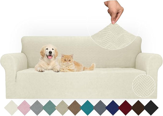 JIVINER Stretch Oversized Sofa Covers 1 Piece 4 Seater Couch Covers Jacquard Universal Sofa Slipcovers for Extra Large Funiture Protector for Kids, Pets (X Large, Beige Rhomb)