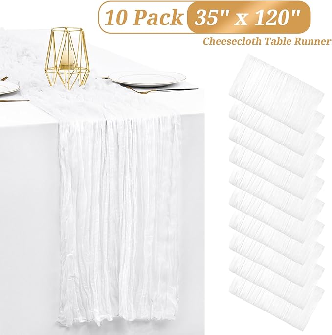 Showgeous 10 Pack White Cheesecloth Table Runner Gauze Table Runner 10FT Long Semi-Sheer Table Runner Boho or Rustic Wedding Table Decor for Wedding Decor Arch Draping Bridal Shower Holiday Party