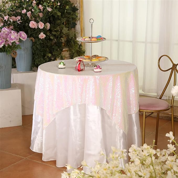 Eternal Beauty White Iridescent Tablecloth, 50x50 Inch Sequin Square Table Cover for Cake Dessert Exhibition Party Birthday Events