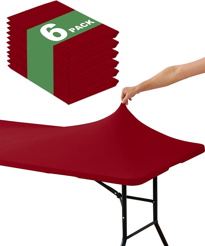 KeyWave Fitted Tablecloth Rectangle Table Cloths - 6 Pack 8 Foot Elastic Stretch Folding Table Top Cover Water-Resistant Reusable for Outdoor Picnic Camping Party Event, Red, 96" L x 30" W