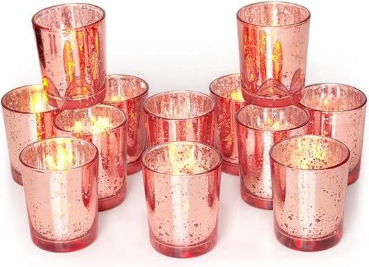 Volens Rose Gold Votive Candle Holders Set of 12, Mercury Glass Tealight Candle Holder Bulk for Wedding Decor and Home Decor