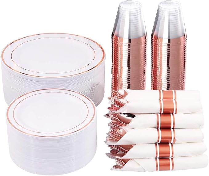TTFM 175 Piece Plastic Dinnerware Set for 25 Guests, Plastic Plates for Party, Includes 25 Dinner Plates, 25 Dessert Plates, 25 Pre Rolled Napkins With Plastic Silverware, and 25 Cups (Rose Gold)