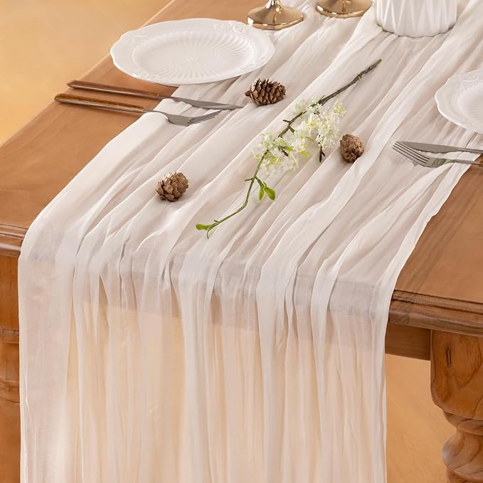 LINXTAR Ivory Cheesecloth Table Runner 120 Inches 10Ft Gauze Summer Boho Table Runner for Wedding Tea Party Baby Shower Bridal Birthday Home Decoration