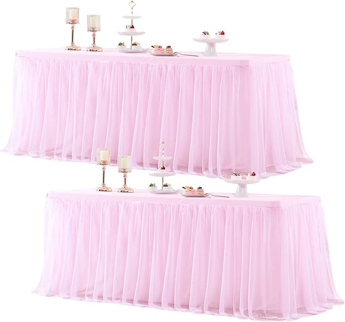 Pink Tulle Tablecloth for 8 Foot Rectangle Table, Light Pink Tulle Tables Skirt Cover 8ft Banquet Wedding Table Cloths Baby Shower Tutu Ruffle Tables Skirt Cloth for Party Bridal Shower
