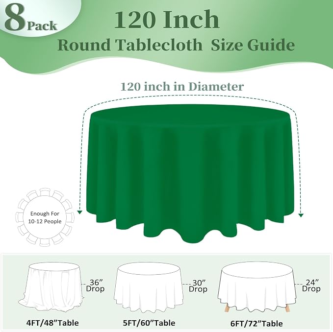 8 Pack Green Round Tablecloth 120 Inch Round Table Cloth, Wrinkle Resistant and Washable Tablecloth Polyester Fabric Table Cloth Round Cover for Dining Wedding Banquet Party