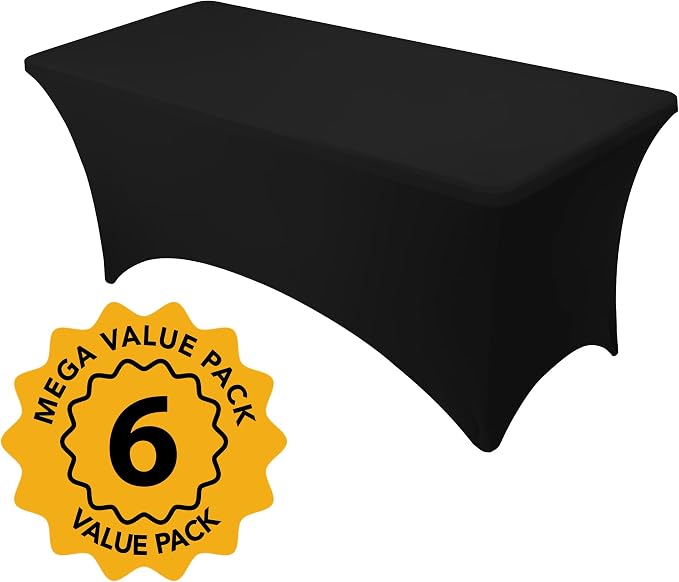 6-Pack Premium Black Spandex Tablecloths for 6ft Rectangle Tables, Stain & Wrinkle-Resistant, Washable Stretch Polyester Fitted Table Cover for Weddings, Banquets, Trade Shows Events