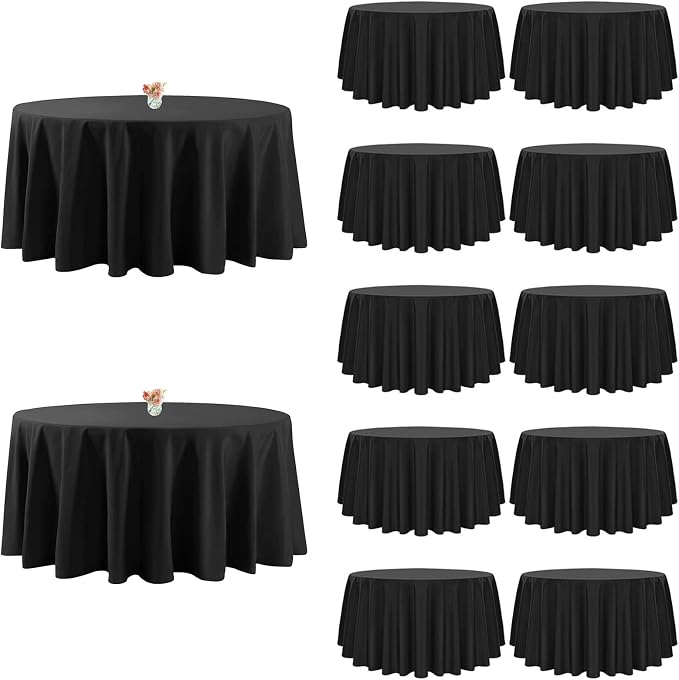 12pcs 90inch Black Round Tablecloth, Polyester Table Cloth, Washable Reusable, Soft & Easy to Iron, Wrinkle Resistant for Wedding, Party, Dining