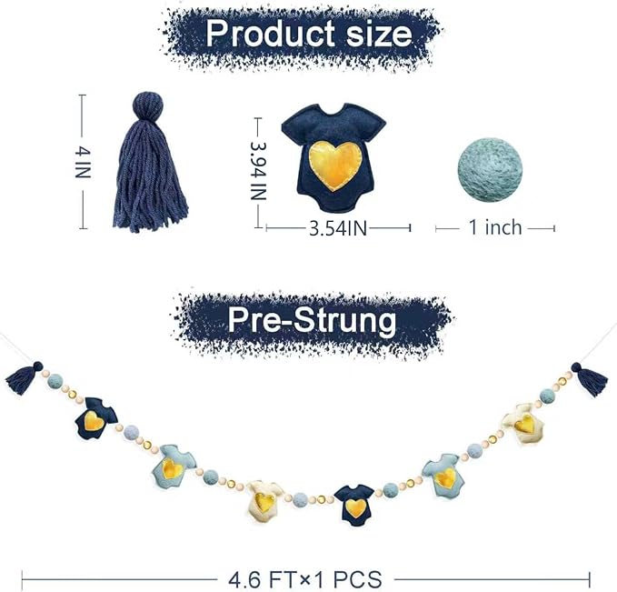 Dusty Blue Gold Baby Clothes Decoration Pre-Strung Handmade Felt Baby Clothes Wooden Bead Wool Felt Ball Garland Banner for Sweet Boy It's a Boy Baby Shower Party Nursery Fireplace Home Wall Decor
