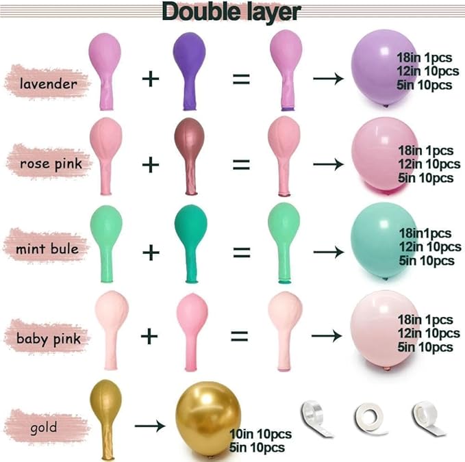 Double Stuffed Pastel Balloon Garland Pink Purple Green Colorful Balloon Arch Gold Metallic Latex Kit For Mermaid Easter Baby Shower Princess Ice Cream Birthday Party Decoration