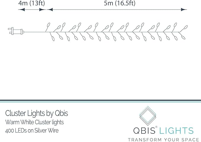 QBIS 400 LED Cluster Lights on Silver Wire. Warm White Fairy Lights Plug in, 16.5ft Christmas Lights for Christmas Tree and Fireplace Mantel. Indoor Outdoor Firecracker Light String.