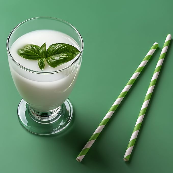 PakTalk [100 Pack] Green Straws, Disposable Biodegradable Paper Straws with Green and White Stripes for Cocktails, Milkshake, St. Patrick and Christmas Party (0.24" x 7.75")