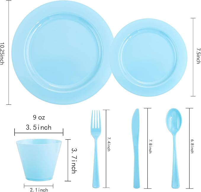 KIRE 150 Piece Blue Plastic Plates Disposable - Blue Dinnerware Set Includes 25 Dinner Plates, 25 Salad Plates, 25 Utensils Set 25 Clear Cups for Birthday/Picnic/Baby Shower/Easter/Spring