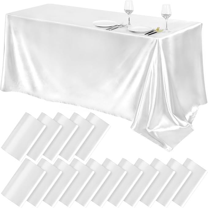 TURSTIN 16 Packs White Satin Tablecloth 102 x 58 Inch Overlay Satin Table Cover Rectangle Bright Silk Tablecloth Smooth Fabric Table Decoration for Wedding Banquet Party Events