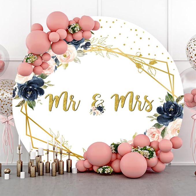 Miss to Mrs Round Backdrop 5ft Gold Pink Floral Bridal Shower Background Couples Engagement Wedding Ceremony Bride and Groom Anniversary Supplies Photo Booth Props 4x4ft