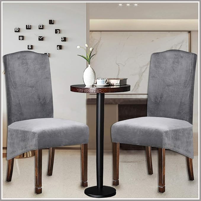 Velvet Plush XL Dining Chair Covers, Stretch Chaircover, Spandex High Chairs Protector Covers Seat Slipcover with Elastic Band for Dining Room,Wedding, Ceremony, Banquet (Silver Grey, Set of 4)
