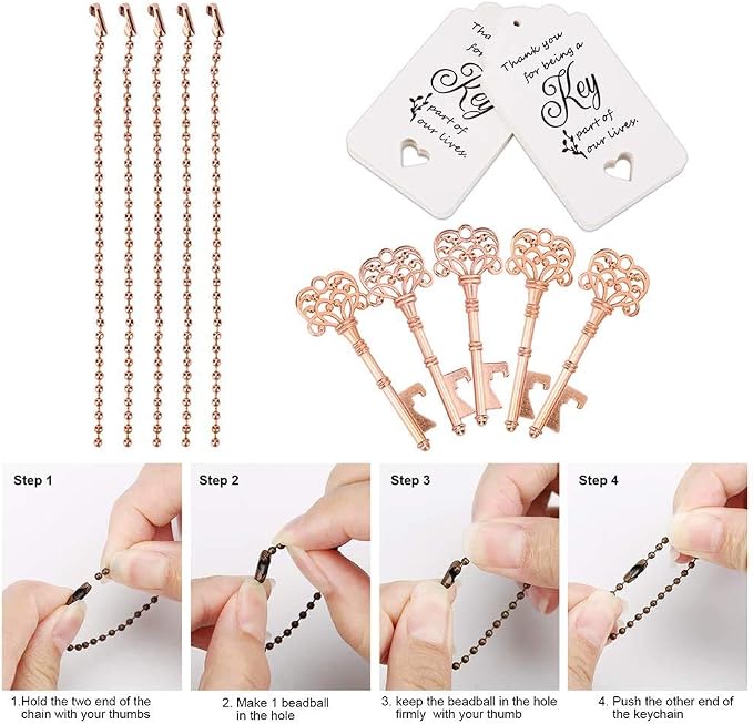 100 PCS Wedding Favors Bottle Opener,Vintage Skeleton Key Bottle Opener,Key Bottle Openers with Escort Tag Cards and Key Chains Wedding Gifts for Guest（Rose Gold）