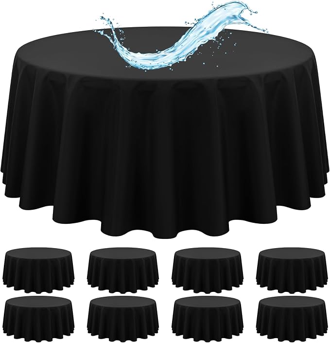 8 Pack Black Round Tablecloth 120 Inch, Black Tablecloths Waterproof Polyester Table Cloth for Round Tables, Stain and Wrinkle Resistant Washable Fabric Table Cover for Party Dining Wedding Banquet