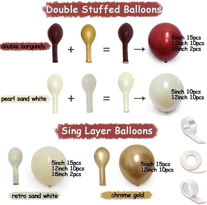 Burgundy Gold Balloons Garland Double Stuffed Wine Red Sand White Metallic Gold Latex Balloons Arch Kit for Bridal Wedding Mother's Day Anniversary Baby Shower Birthday Party Decorations