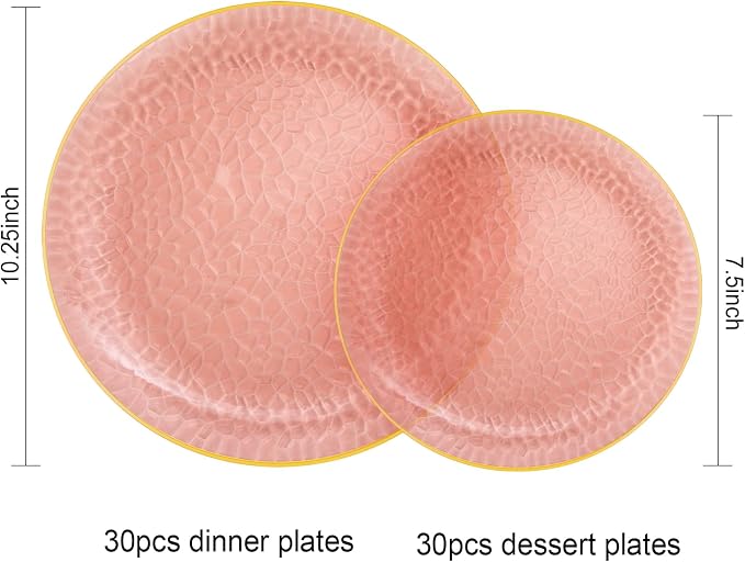 Hioasis 60pcs Burgundy Plastic Plates - Gold Rimmed Disposable, Hammered, Heavy-duty Dinnerware Set Suitable for 30 Guests, 10.25" Dinner & 7.5" Dessert Plates for Party & Wedding