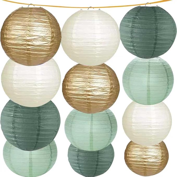 Green White Gold Paper Lanterns, 12Pcs Chiese Lanterns for Birthday Baby Shower Gender Reveal Wedding Party Decoration