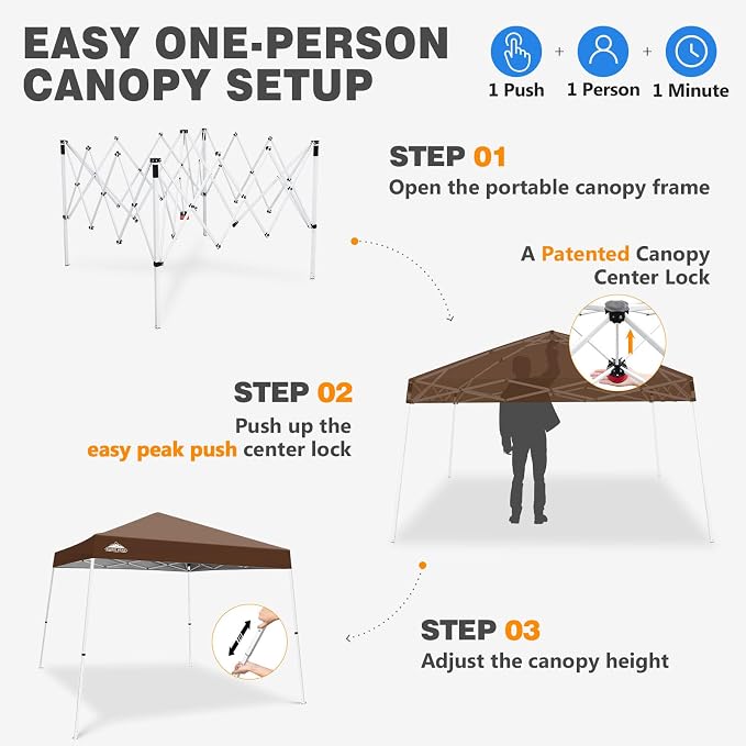 EAGLE PEAK 10x10 Slant Leg Pop-up Canopy Tent Easy One Person Setup Instant Outdoor Beach Canopy Folding Portable Sports Shelter 10x10 Base 8x8 Top (Dark Brown)