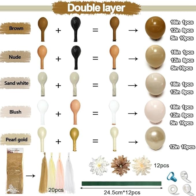 Neutral Balloon Arch Garland Kit - Double Stuffed Nude Beige Brown Cream Gold Balloons with Artificial Flowers Tissue Tassels for Birthday Bear Baby Shower Bridal Party Decoration