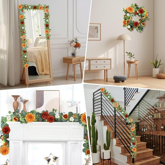 5.9 FT Artificial Flower Garland with Butterflies Fake Rose Garland Faux Greenery Eucalyptus Garlands for Wedding Table Backdrop Arch Centerpieces Decorations - Burnt Orange