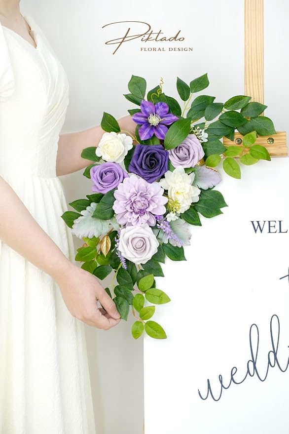 Wedding Decor Pack of 2 Welcome Sign Flower Backdrop Garland for Ceremony Reception Wall Easel Home Decoration Entryway Faux Outdoor Board Head Table Decor Lilac & Cream