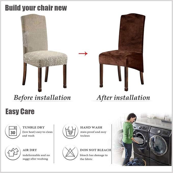 Velvet Plush XL Dining Chair Covers, Stretch Chaircover, Spandex High Chairs Protector Covers Seat Slipcover with Elastic Band for Dining Room,Wedding, Ceremony, Banquet (Coffee, Set of 4)