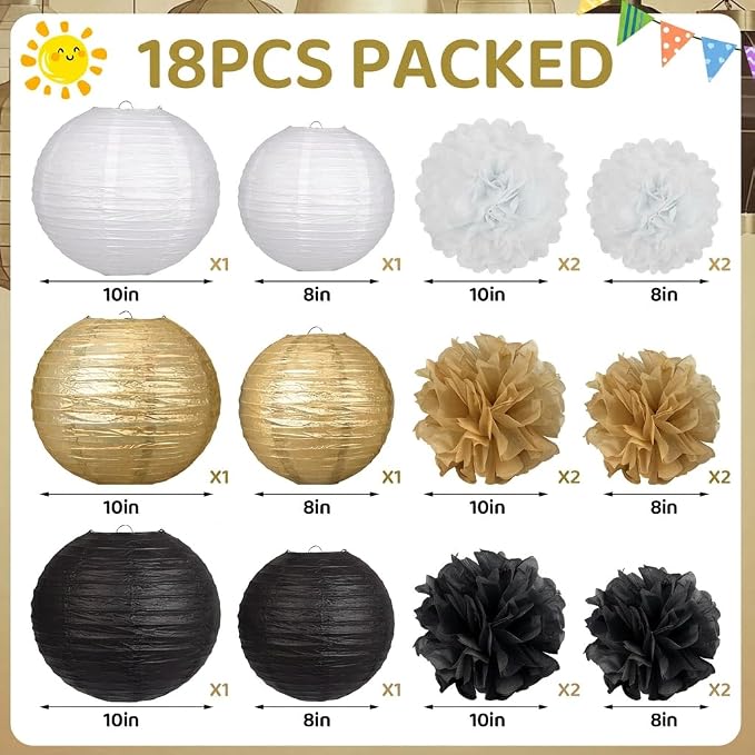 18pcs Black Gold Paper Lanterns Decoration Hanging Paper Décor Pom Poms Paper Flower Party Supply for Graduation Masquerade New Years Birthday Party Decor