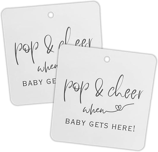 Pop and Cheer When Baby is Here Minimalist Hang Tag | 30pk 2.5” Square Black and White Cards Modern Champagne Tags Baby Shower Favors