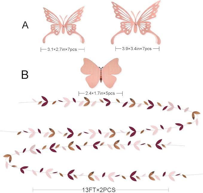 Burgundy Rose Gold Pink Party Decorations Lanterns Flowers Pom Pom with 3D Butterfly Stickers and Leaf Garland Streamers for Birthday Engagement Wedding Bridal Shower Bachelorette Fall Autumn Party