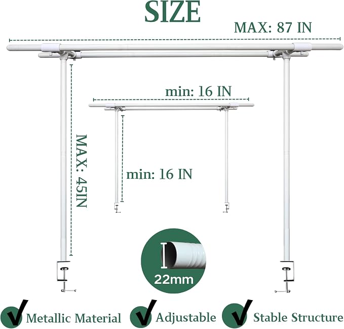Beyeutao Over The Table Rod Stand with Clamps Adjustable Double Crossbar Table Arch Stand 16"-87" Length 16"-45" Height White Table Banner stand Garden Arbors Fit for Wedding Birthday Party Christmas Decoration