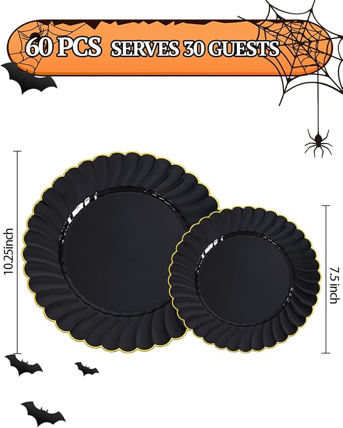 YOUBET 60PCS Black Scalloped Plastic Plates - Black and Gold Disposable Plates include 30 Gold Dinner Plate, 30 Dessert Plate for Party & Wedding