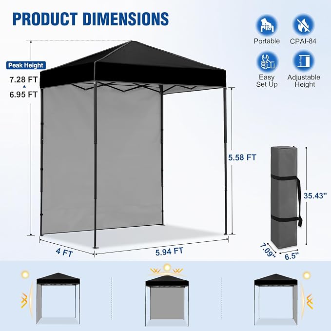 6x4 Pop Up Canopy Tent with One Wall Panel, Instant Portable Beach Canopy, Outdoor Tent with Carry Bag for Camping, Sports, Tailgating, Events, Black