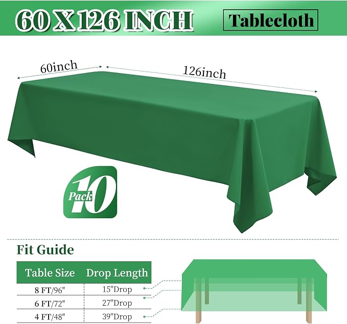 fani 10 Pack 60 x 126 Inch Tablecloth, Green Tablecloth for 8 Feet Rectangle Tables, Stain and Wrinkle Resistant Washable Fabric Table Cloth for Wedding Party Dining Table Buffet Parties Camping
