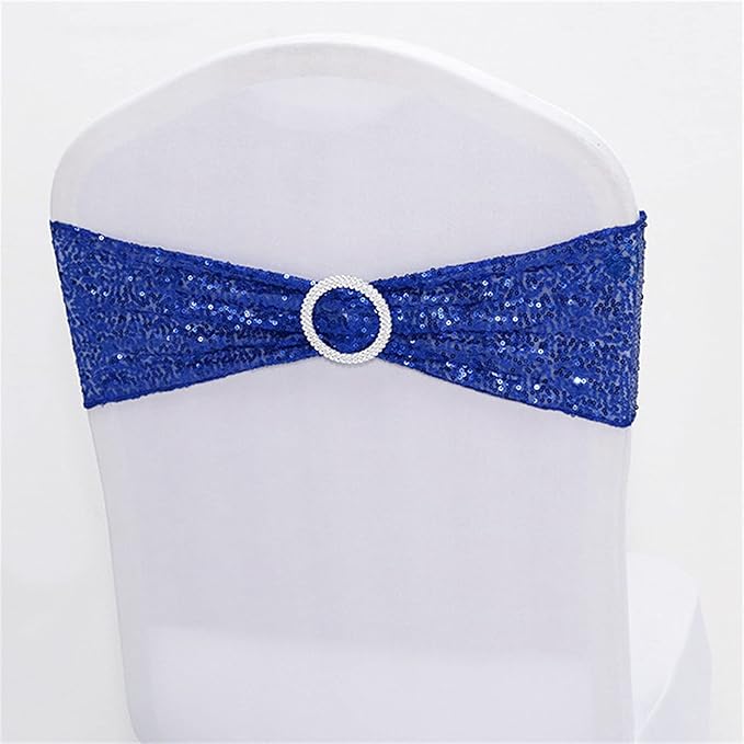 Dimatic 50 PCS Stretch Sequin Chair Sashes Chair Stretchy Spandex Bands for Wedding Reception Events Banquets Chairs Decoration (Blue)