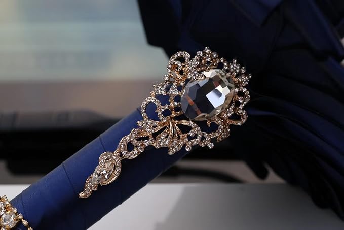 Gold Brooch Wedding Bridal Bouquet for Bride Bridesmaid Quinceanera with Bling Rhinestone Pearl Satin Rose Flower Bouquet Wedding Navy Blue and Ivory 8.3in