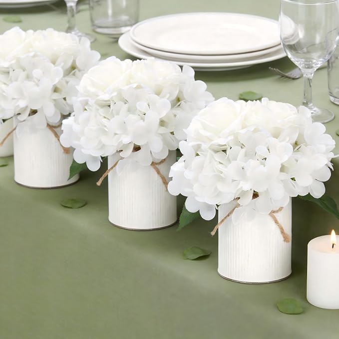 Flower Table Centerpieces - Set of 6 Floral Arrangement Artificial Wedding Hydrangeas Floral Arrangement with Rustic Metal Vase for Bridal Tea Party Event Decorations - White